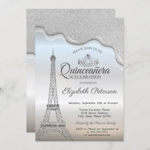 Eiffel Tower,Silver Drips Quinceañera  Invitation