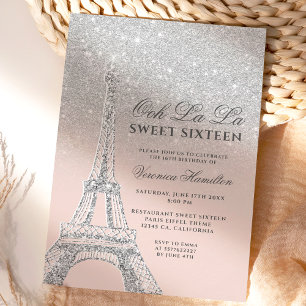 Eiffel tower silver glitter pink Sweet 16 Invitation