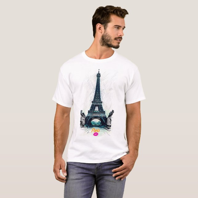 Eiffel Tower Sketch Print, Line Drawing, Paris T-Shirt (Front Full)