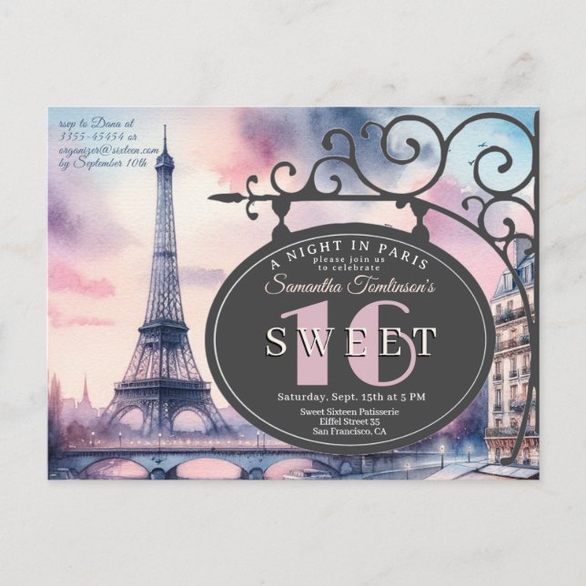 Eiffel Tower Sweet 16 Birthday Invitation Postcard (Front)