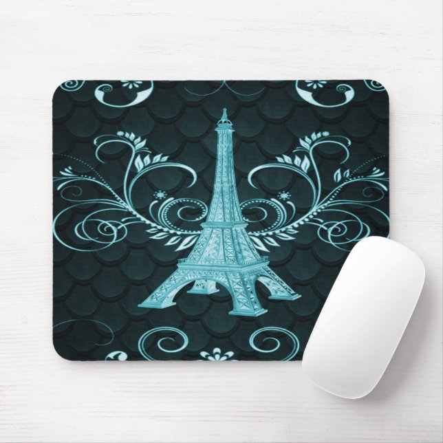 Eiffel Tower Teal Floral Swirl Mouse Pad (With Mouse)