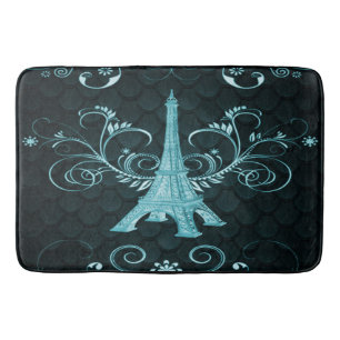 Eiffel Tower Teal Floral Swirls Bath Mat