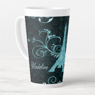Eiffel Tower Teal Floral Swirls Latte Mug