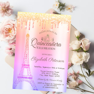 Eiffel Tower,Tiara,Drips Ombre Quinceañera Invitation