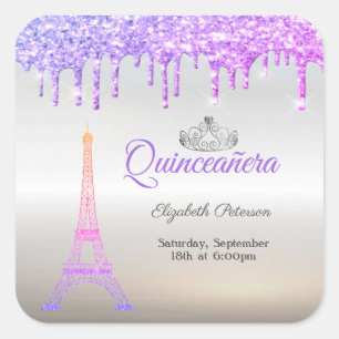 Eiffel Tower,Tiara,Drips Silver Quinceañera  Square Sticker