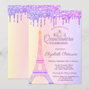 Eiffel Tower,Tiara,Ombre Drips Quinceañera Invitation