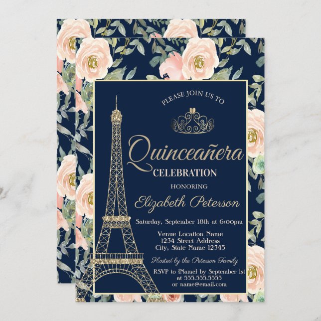 Eiffel Tower,Tiara,Roses Navy Blue Quinceañera  Invitation (Front/Back)