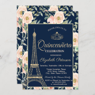 Eiffel Tower,Tiara,Roses Navy Blue Quinceañera  Invitation