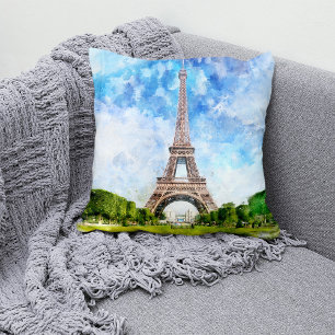 Eiffel Tower Watercolor Paris Skyline Art Print Cushion