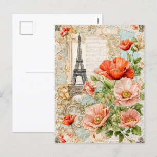 Eiffel Tower with Red Poppy flowers Holiday Postcard