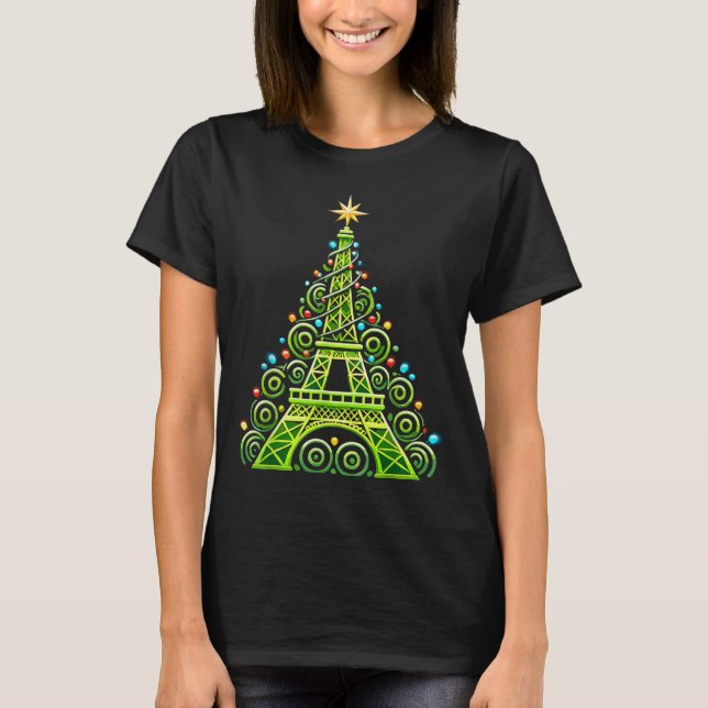 Eiffel Tower Wrapped In Christmas Tree Lights Fren T-Shirt (Front)