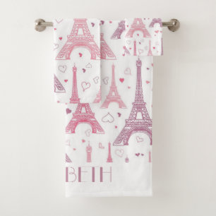 Eiffel Towers and hearts personalised Bath Towel Set