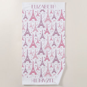 Eiffel Towers and hearts personalised Beach Towel