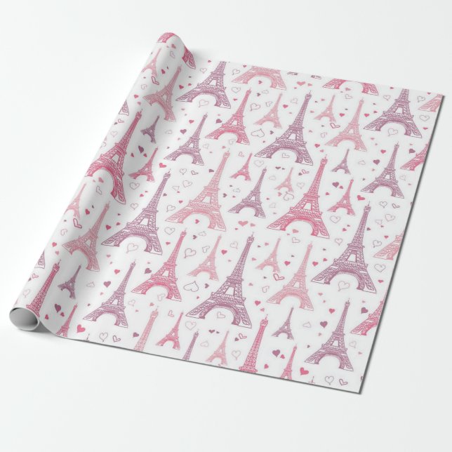Eiffel Towers and hearts Wrapping Paper (Unrolled)