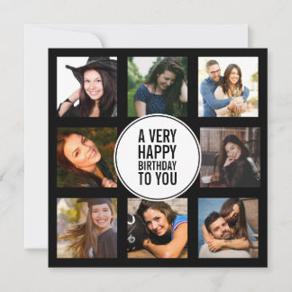 Eight Birthday Photo Collage Black and White Invitation