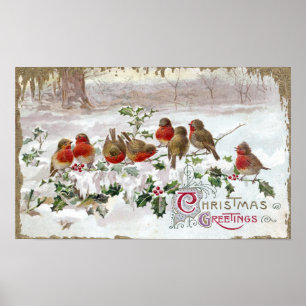 Eight English Robins on Holly Vintage Christmas Poster