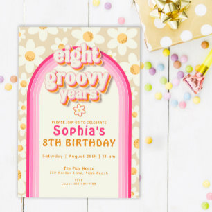 Eight Groovy Years Boho Daisy Rainbow Birthday Invitation