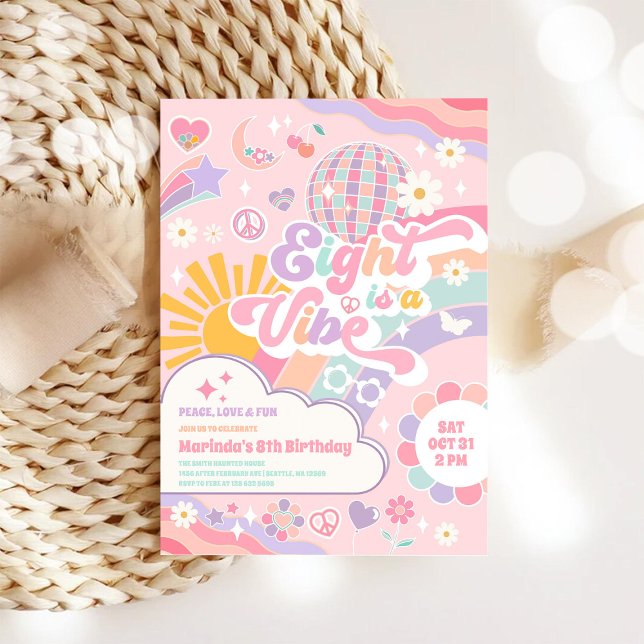 Eight Is A Vibe Disco Rainbow Sun 8th Birthday Invitation (Creator Uploaded)