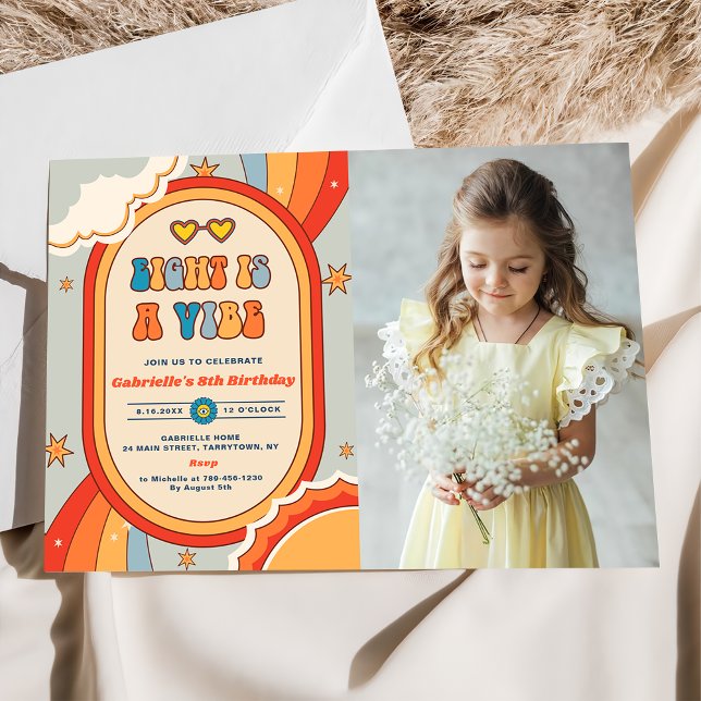 Eight Is A Vibe Groovy Retro Rainbow 8th Birthday  Invitation (Creator Uploaded)