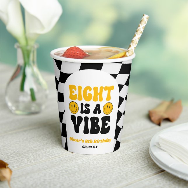 Eight Is A Vibe Retro Eighth 8th Birthday Party Paper Cups (Insitu)