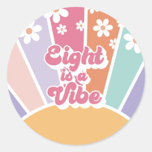 Eight is a Vibe Retro Sunshine Rainbow Daisy Classic Round Sticker