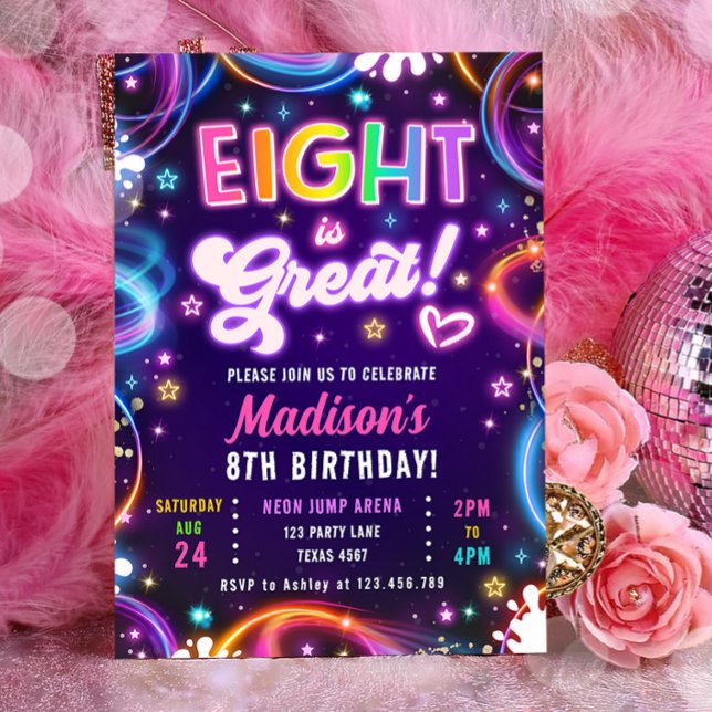Eight is Great 8th Retro Neon Glow Girl Birthday Invitation (Creator Uploaded)