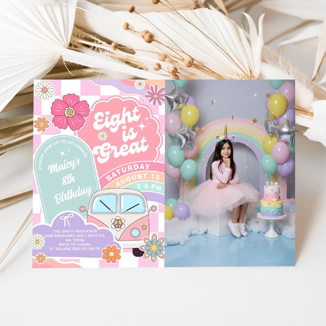 Eight is Great Rainbow Daisy Birthday Invitation (Creator Uploaded)
