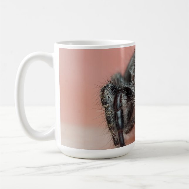 Eight-Legged Love: Bold Jumper Spider Merch Coffee Mug (Left)