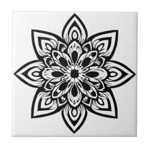 Eight Point Black and White Star Flower Mandala Tile