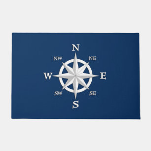 Eight Point Compass Rose, White and Navy Blue Doormat