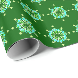 Eight point Mandala, Dark Jade Green and Aqua Wrapping Paper