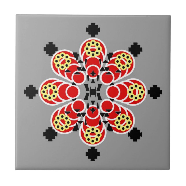 Eight point Mandala, Rred, Grey and Black Tile (Front)