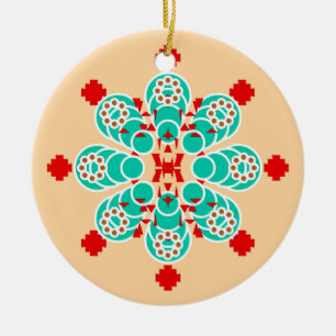 Eight point Mandala - turquoise and peach Ceramic Tree Decoration