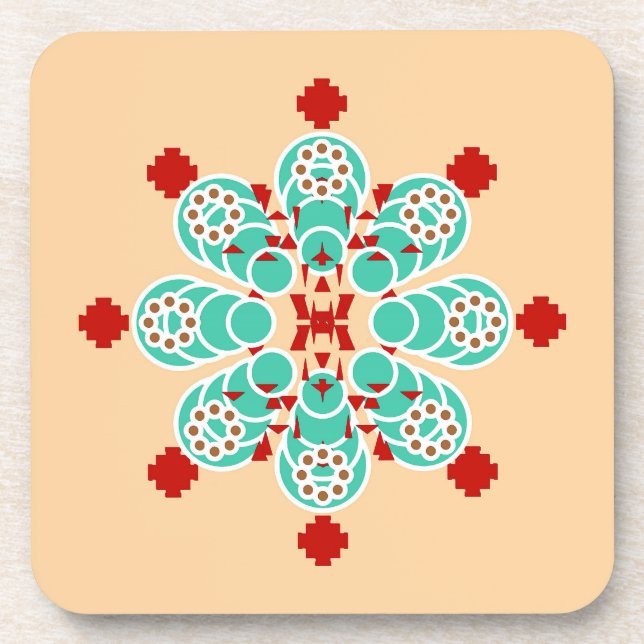 Eight point Mandala - turquoise and peach Coaster (Front)