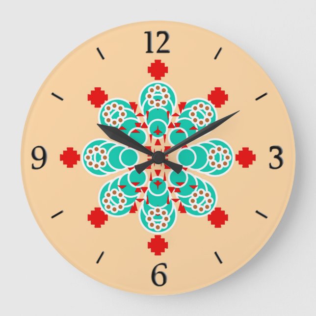 Eight point Mandala - turquoise and peach Large Clock (Front)