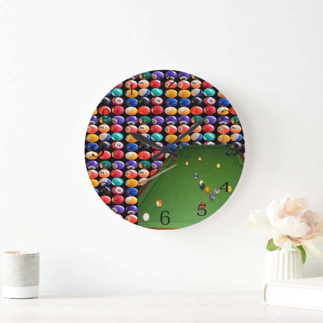 Eightball Table Oilpaint With  Balls And Cues, Large Clock (Home)