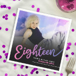 Eighteen 18th Birthday custom photo script purple Napkin<br><div class="desc">Eighteen pink to purple hued script text photo napkins. Personalise this 18th birthday party script photo birthday napkin with your own birthday girls name and party date, and a photo of your birthday girl. Other years, colours and matching items are available. © Original design by Sarah Trett for www.mylittleeden.com on...</div>