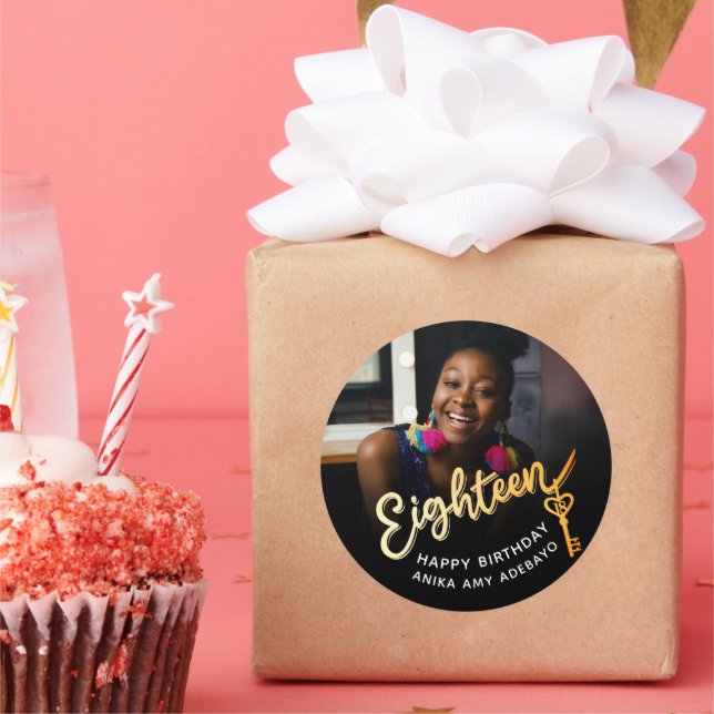 Eighteen 18th Birthday photo gold black 18 key Classic Round Sticker (Party)