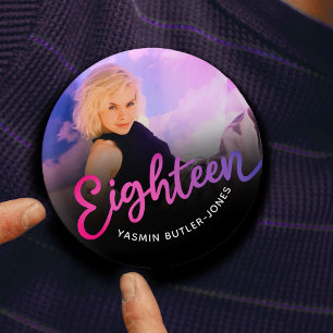 Eighteen 18th Birthday photo purple pink black 3 Cm Round Badge
