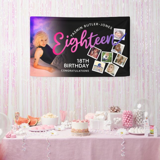 Eighteen 18th Birthday photo purple pink black Banner (Party)