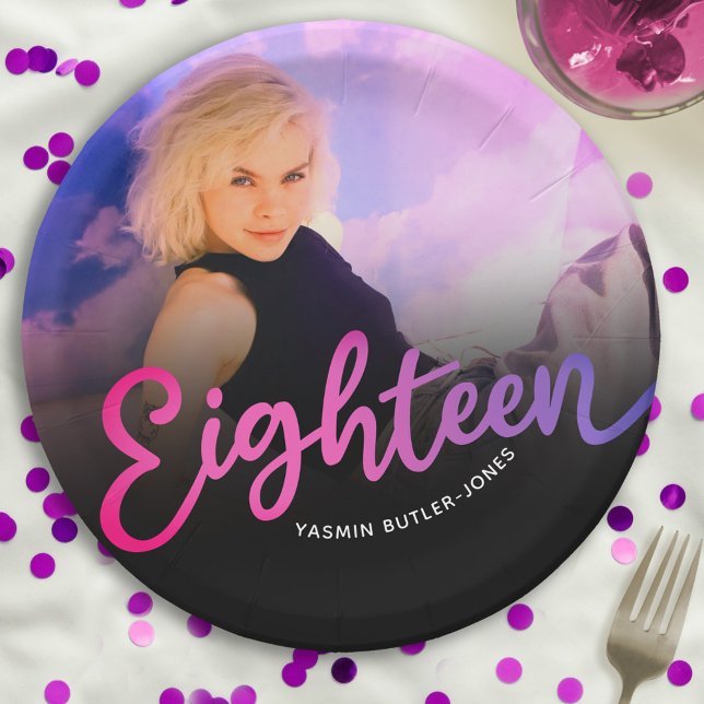 Eighteen 18th Birthday photo purple pink black Paper Plate (Creator Uploaded)