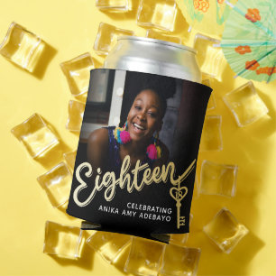 Eighteen 18th Birthday photo script gold key Can Cooler