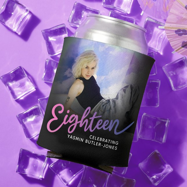 Eighteen 18th Birthday photo script pink purple Can Cooler (Creator Uploaded)