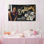 Eighteen gold 18th Birthday photos on black Banner<br><div class="desc">Eighteen gold script and key with one large photo and 7 instant snap style photos birthday party banner. Personalise this 18th birthday party banner with your own birthday girls name and 8 photos. Other years and matching items are available and can be created by request. © Original design by Sarah...</div>