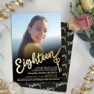 Eighteen photo black gold key 18th Birthday Invitation