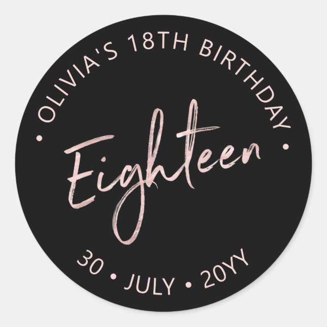 Eighteen | Rose gold Lettering 18th Birthday Classic Round Sticker (Front)