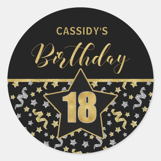 Eighteenth Birthday Black and Gold Confetti Classic Round Sticker (Front)