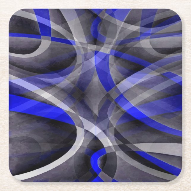 Eighties Groovy Royal Blue and Grey Arched Line Pa Square Paper Coaster (Front)