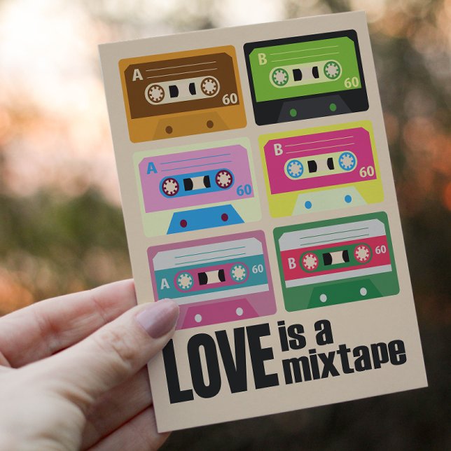 Eighties Love is a Mixtape Cassette 80's  Holiday Postcard (Brighten up someone's day with this fun multi colored cassette tapes postcard in a vintage style.)