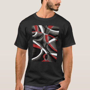 Eighties Red White Grey Line Curve Pattern On Blac T-Shirt